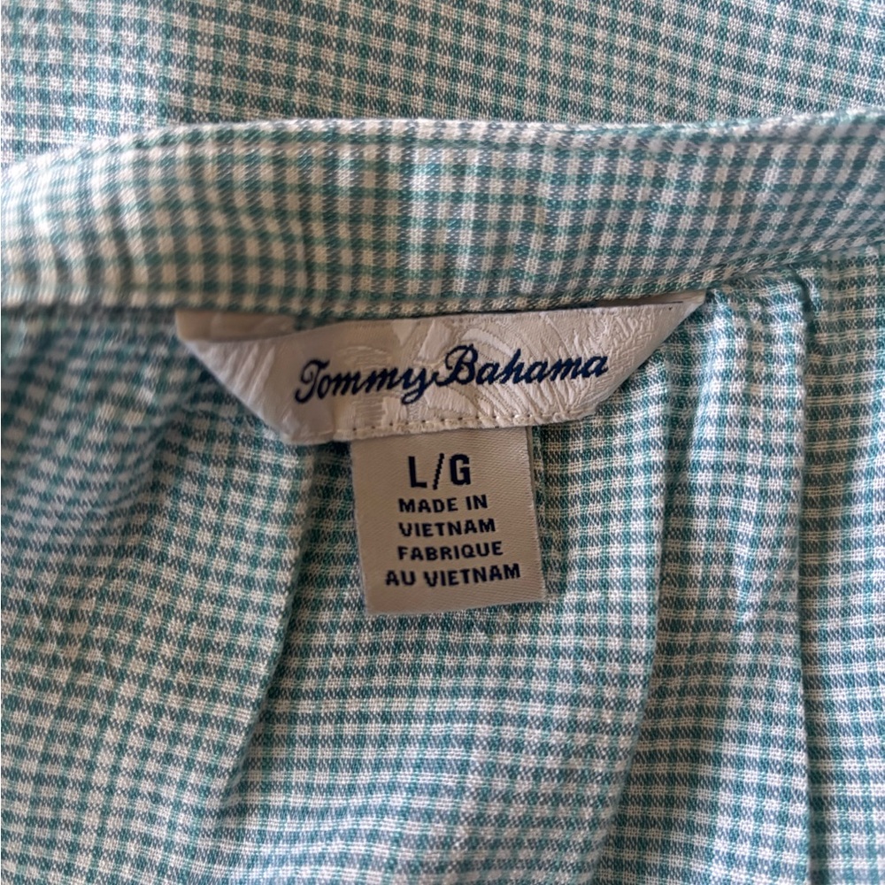 Tommy Bahama Montauk Light Blue Aqua Gingham Blouse Top Sz L Like New - Picture 6 of 7